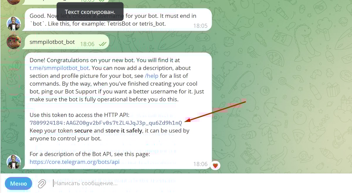 Получение токена Телеграм бота