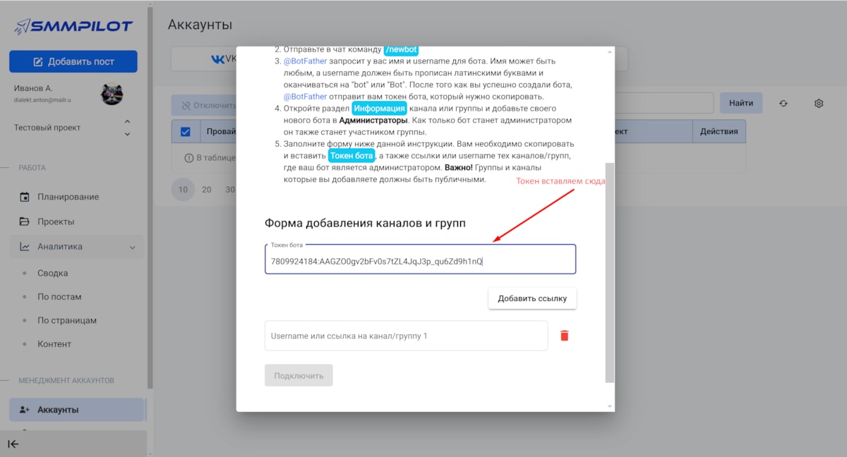 Вставляем токен в форму SMM Pilot